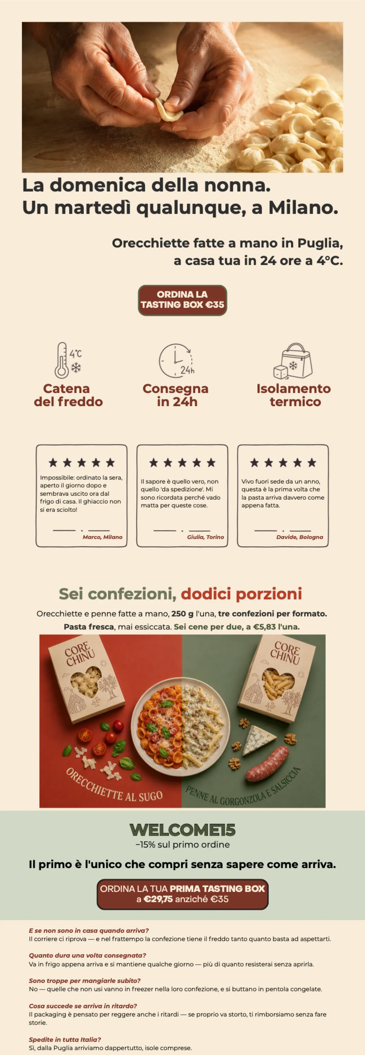 La stessa landing page, con una sola differenza: in alto, al posto della scatola, la foto delle mani di una donna anziana che formano le orecchiette su una tavola di legno infarinata, con la pasta finita raccolta di lato; sotto, il titolo «La domenica della nonna. Un martedì qualunque, a Milano.» e il sottotitolo «Orecchiette fatte a mano in Puglia, a casa tua in 24 ore a 4°C.». Dal bottone in giù è identica alla variante A.