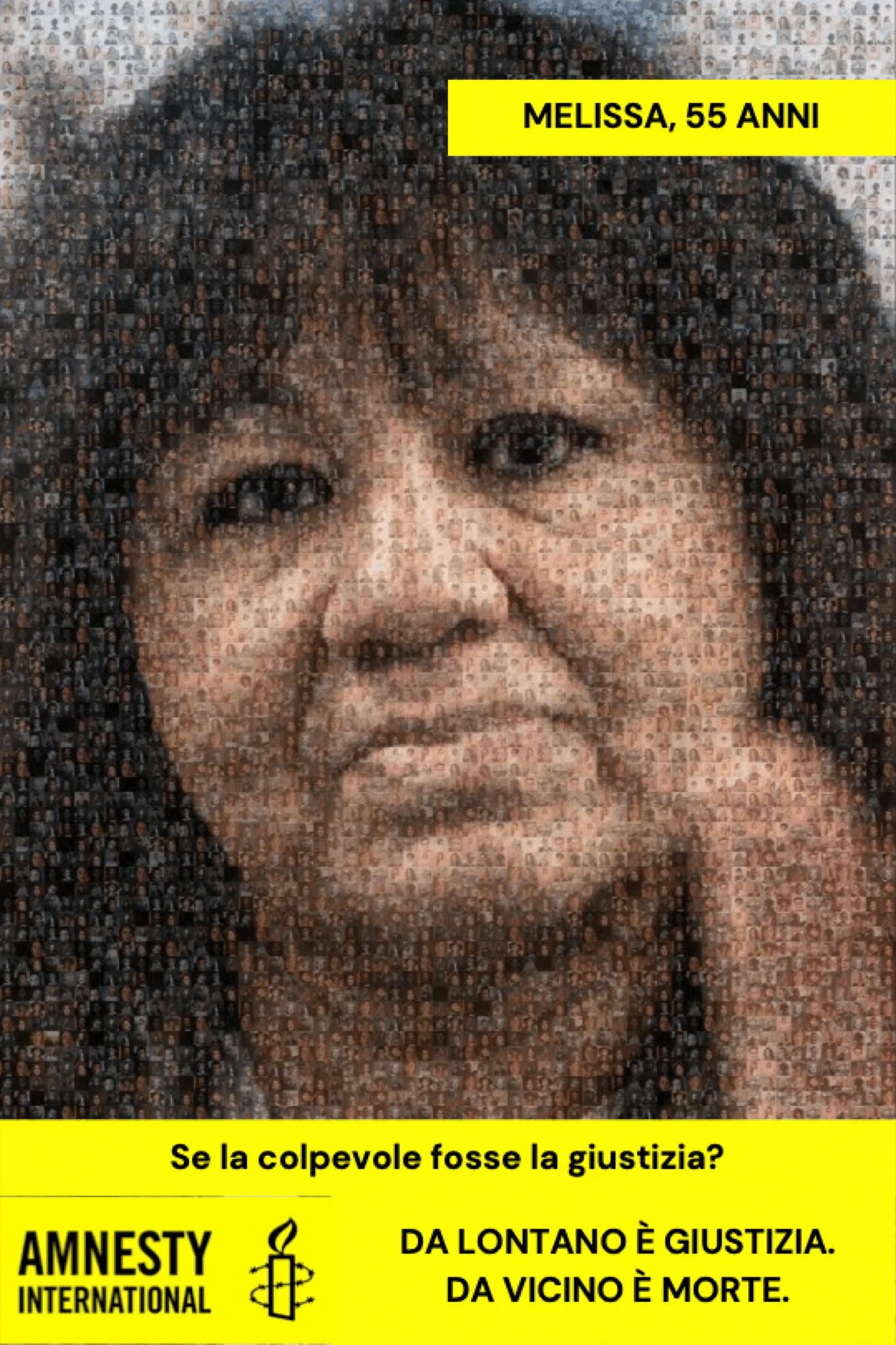 Manifesto con la stessa struttura: il volto a mosaico di una donna, la fascia «MELISSA, 55 ANNI», e la headline declinata al femminile — «Se la colpevole fosse la giustizia?».
