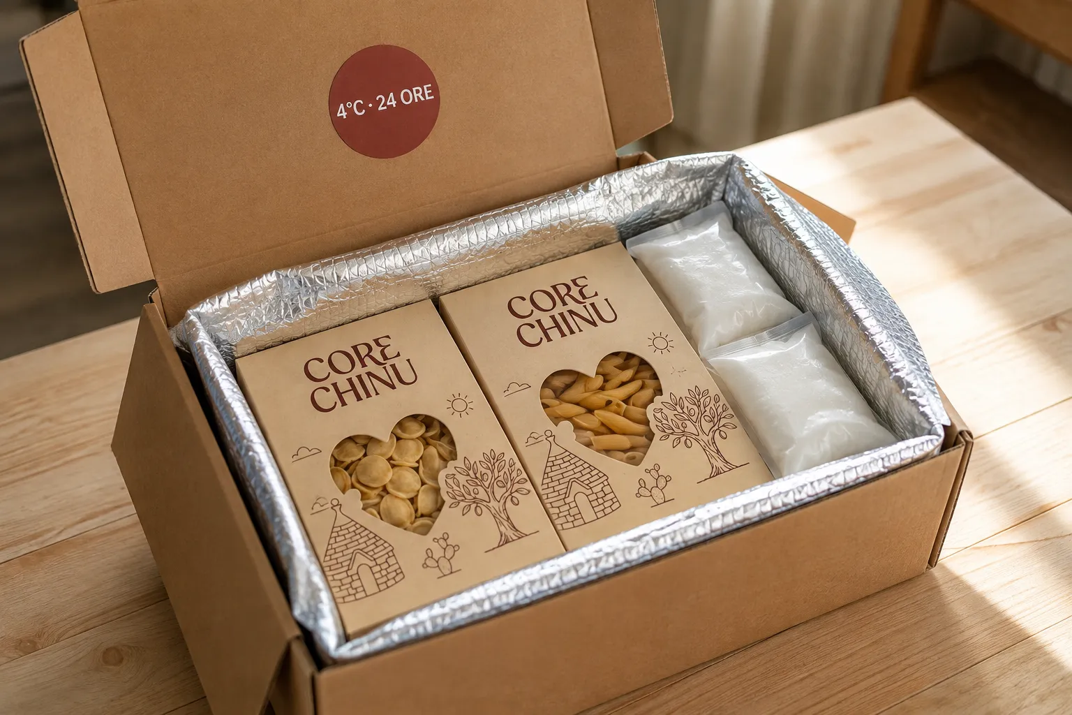Una scatola da spedizione in cartone aperta su un tavolo di legno chiaro, rivestita all'interno da una sacca termica argentata. In vista, appoggiate una accanto all'altra, due confezioni Core Chinu — una di orecchiette, una di penne — e due mattonelle di ghiaccio bianche. Sul lembo interno del coperchio un adesivo rotondo color terracotta dice 4°C · 24 ORE.